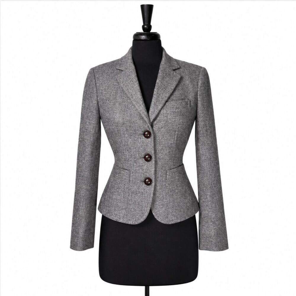 J.Crew Womens 0 Robert Noble Scottish Wool Gray Herringbone Tweed Blazer Jacket